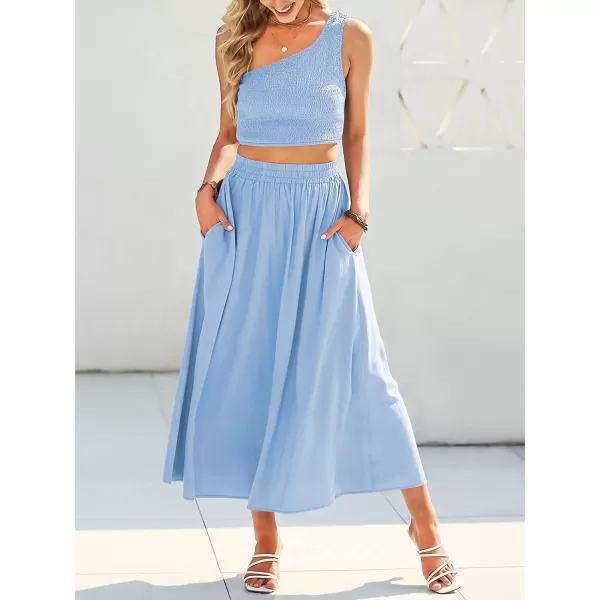 imageANRABESS Womens 2 Pieces Outfits One Shoulder Smocked Crop Top amp High Waist Long Skirt Dress Set with PocketsBlue