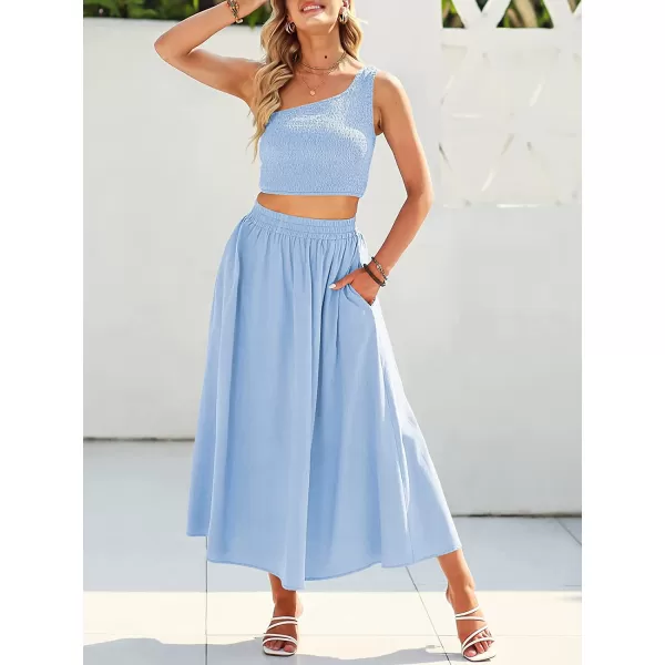 imageANRABESS Womens 2 Pieces Outfits One Shoulder Smocked Crop Top amp High Waist Long Skirt Dress Set with PocketsBlue