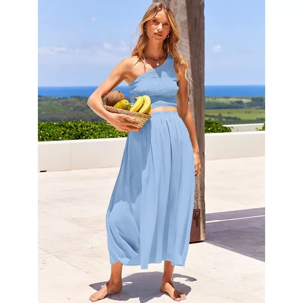 imageANRABESS Womens 2 Pieces Outfits One Shoulder Smocked Crop Top amp High Waist Long Skirt Dress Set with PocketsBlue