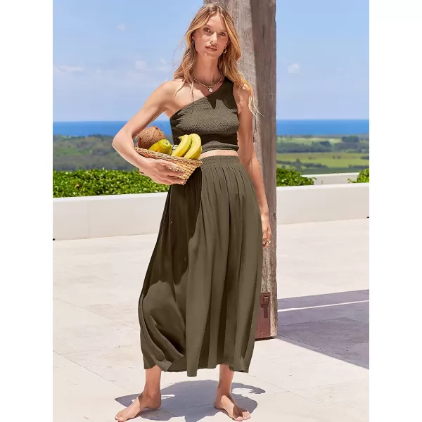 imageANRABESS Womens 2 Pieces Outfits One Shoulder Smocked Crop Top amp High Waist Long Skirt Dress Set with PocketsCoffee