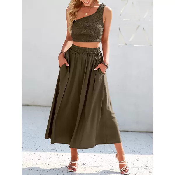 imageANRABESS Womens 2 Pieces Outfits One Shoulder Smocked Crop Top amp High Waist Long Skirt Dress Set with PocketsCoffee