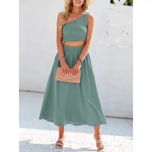 imageANRABESS Womens 2 Pieces Outfits One Shoulder Smocked Crop Top amp High Waist Long Skirt Dress Set with PocketsCyan