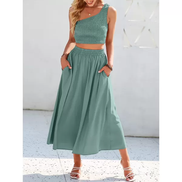imageANRABESS Womens 2 Pieces Outfits One Shoulder Smocked Crop Top amp High Waist Long Skirt Dress Set with PocketsCyan