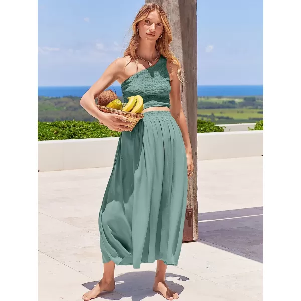 imageANRABESS Womens 2 Pieces Outfits One Shoulder Smocked Crop Top amp High Waist Long Skirt Dress Set with PocketsCyan