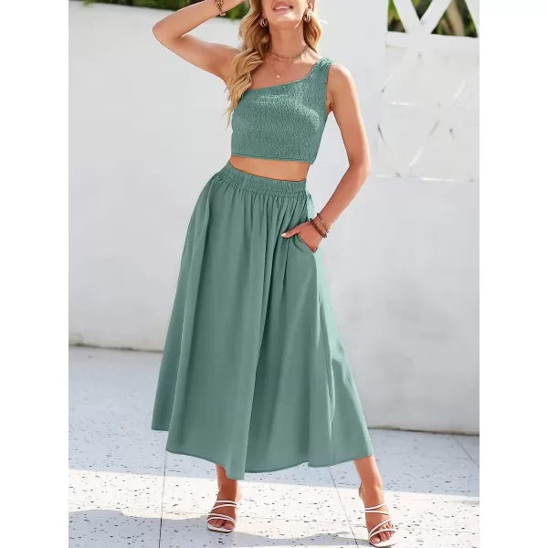 imageANRABESS Womens 2 Pieces Outfits One Shoulder Smocked Crop Top amp High Waist Long Skirt Dress Set with PocketsCyan