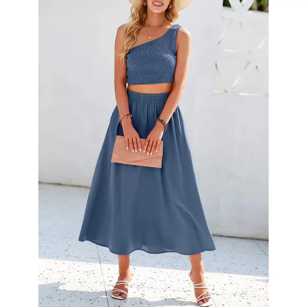 imageANRABESS Womens 2 Pieces Outfits One Shoulder Smocked Crop Top amp High Waist Long Skirt Dress Set with PocketsDeep Blue