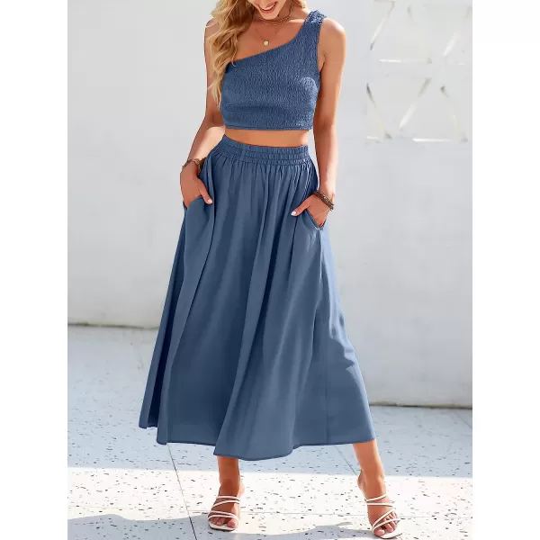 imageANRABESS Womens 2 Pieces Outfits One Shoulder Smocked Crop Top amp High Waist Long Skirt Dress Set with PocketsDeep Blue
