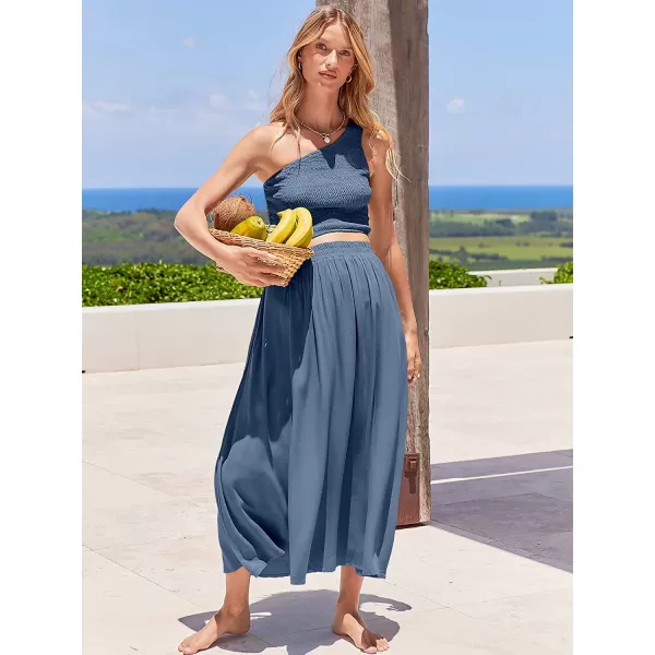 imageANRABESS Womens 2 Pieces Outfits One Shoulder Smocked Crop Top amp High Waist Long Skirt Dress Set with PocketsDeep Blue
