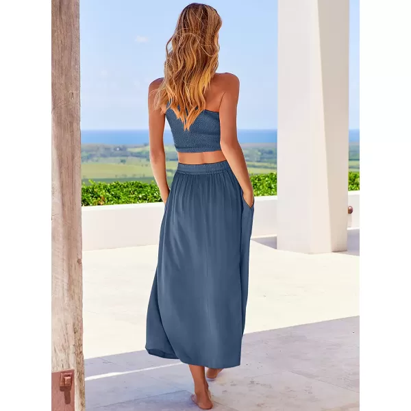imageANRABESS Womens 2 Pieces Outfits One Shoulder Smocked Crop Top amp High Waist Long Skirt Dress Set with PocketsDeep Blue
