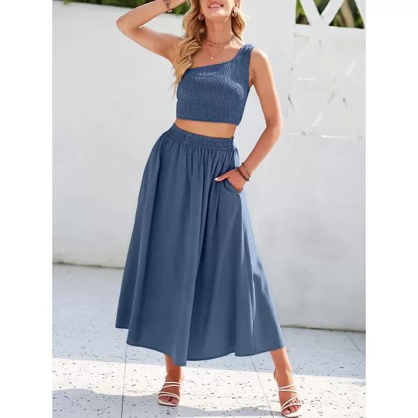 imageANRABESS Womens 2 Pieces Outfits One Shoulder Smocked Crop Top amp High Waist Long Skirt Dress Set with PocketsDeep Blue