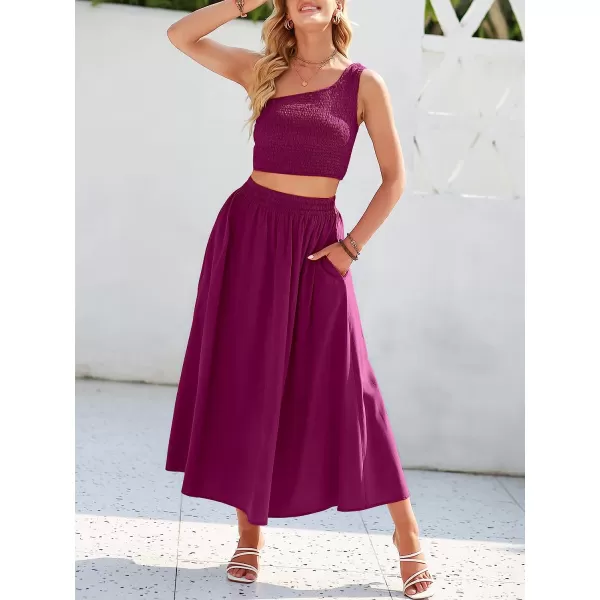 imageANRABESS Womens 2 Pieces Outfits One Shoulder Smocked Crop Top amp High Waist Long Skirt Dress Set with PocketsFushia