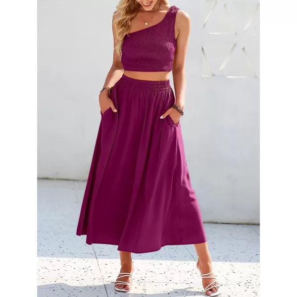 imageANRABESS Womens 2 Pieces Outfits One Shoulder Smocked Crop Top amp High Waist Long Skirt Dress Set with PocketsFushia