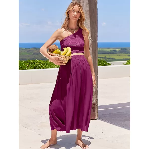 imageANRABESS Womens 2 Pieces Outfits One Shoulder Smocked Crop Top amp High Waist Long Skirt Dress Set with PocketsFushia