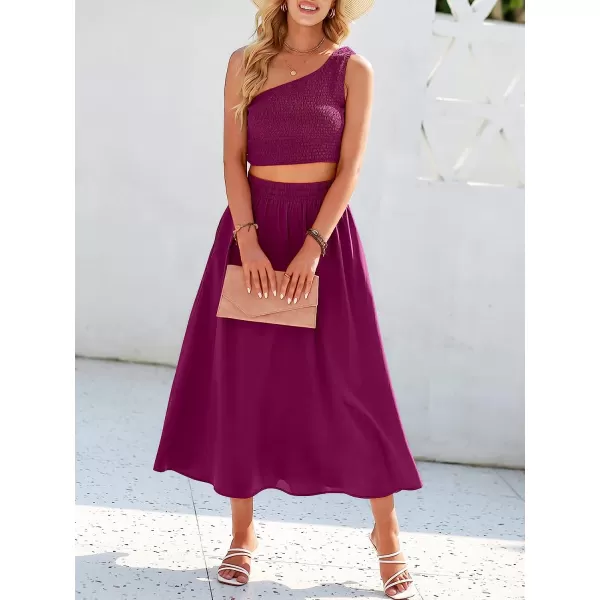 imageANRABESS Womens 2 Pieces Outfits One Shoulder Smocked Crop Top amp High Waist Long Skirt Dress Set with PocketsFushia