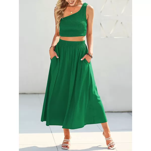 imageANRABESS Womens 2 Pieces Outfits One Shoulder Smocked Crop Top amp High Waist Long Skirt Dress Set with PocketsGreen