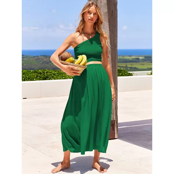 imageANRABESS Womens 2 Pieces Outfits One Shoulder Smocked Crop Top amp High Waist Long Skirt Dress Set with PocketsGreen