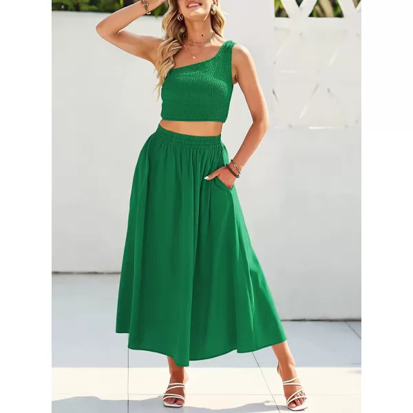imageANRABESS Womens 2 Pieces Outfits One Shoulder Smocked Crop Top amp High Waist Long Skirt Dress Set with PocketsGreen