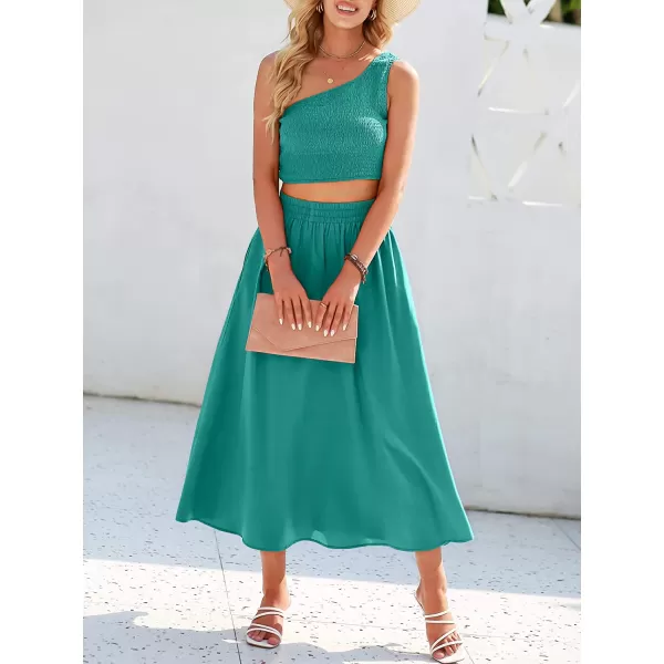 imageANRABESS Womens 2 Pieces Outfits One Shoulder Smocked Crop Top amp High Waist Long Skirt Dress Set with PocketsLake