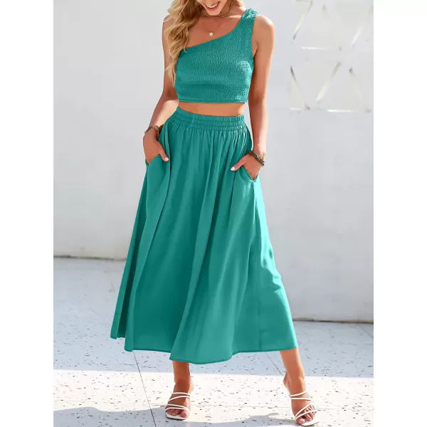 imageANRABESS Womens 2 Pieces Outfits One Shoulder Smocked Crop Top amp High Waist Long Skirt Dress Set with PocketsLake