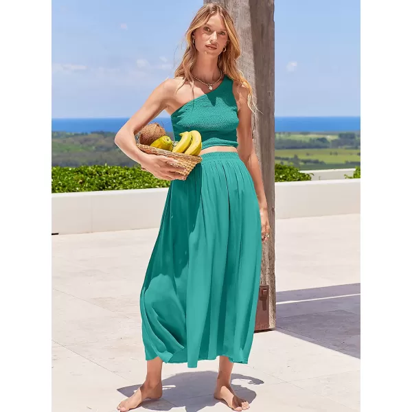 imageANRABESS Womens 2 Pieces Outfits One Shoulder Smocked Crop Top amp High Waist Long Skirt Dress Set with PocketsLake