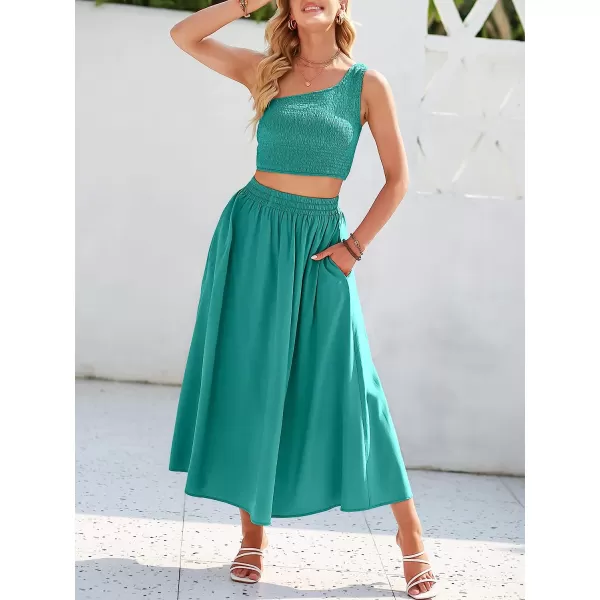 imageANRABESS Womens 2 Pieces Outfits One Shoulder Smocked Crop Top amp High Waist Long Skirt Dress Set with PocketsLake