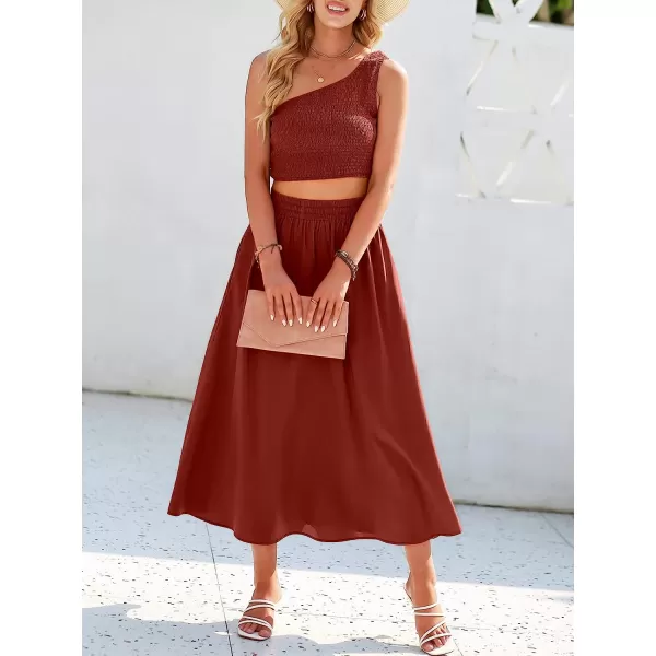 imageANRABESS Womens 2 Pieces Outfits One Shoulder Smocked Crop Top amp High Waist Long Skirt Dress Set with PocketsMaroon
