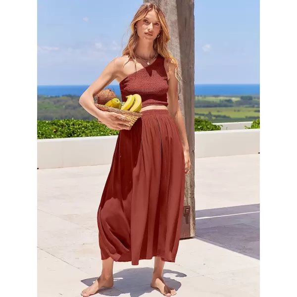imageANRABESS Womens 2 Pieces Outfits One Shoulder Smocked Crop Top amp High Waist Long Skirt Dress Set with PocketsMaroon