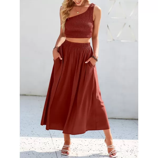 imageANRABESS Womens 2 Pieces Outfits One Shoulder Smocked Crop Top amp High Waist Long Skirt Dress Set with PocketsMaroon