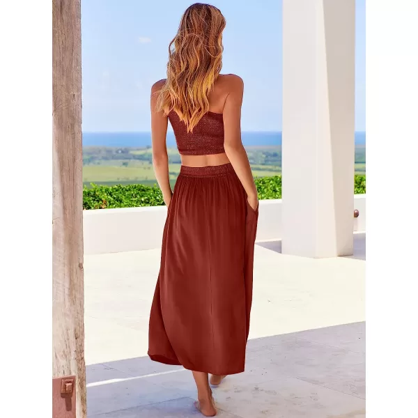 imageANRABESS Womens 2 Pieces Outfits One Shoulder Smocked Crop Top amp High Waist Long Skirt Dress Set with PocketsMaroon