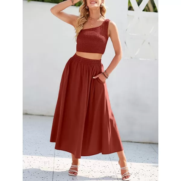 imageANRABESS Womens 2 Pieces Outfits One Shoulder Smocked Crop Top amp High Waist Long Skirt Dress Set with PocketsMaroon