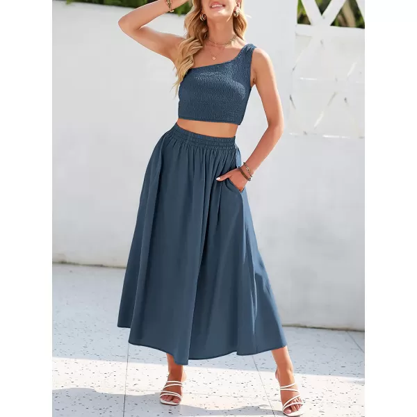 imageANRABESS Womens 2 Pieces Outfits One Shoulder Smocked Crop Top amp High Waist Long Skirt Dress Set with PocketsNavy Blue