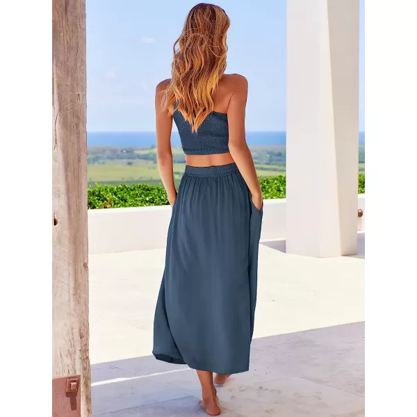 imageANRABESS Womens 2 Pieces Outfits One Shoulder Smocked Crop Top amp High Waist Long Skirt Dress Set with PocketsNavy Blue