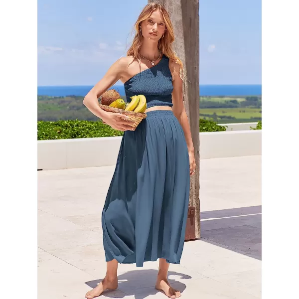 imageANRABESS Womens 2 Pieces Outfits One Shoulder Smocked Crop Top amp High Waist Long Skirt Dress Set with PocketsNavy Blue
