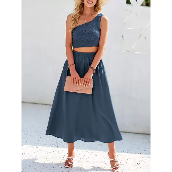 imageANRABESS Womens 2 Pieces Outfits One Shoulder Smocked Crop Top amp High Waist Long Skirt Dress Set with PocketsNavy Blue