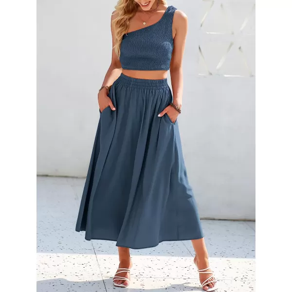 imageANRABESS Womens 2 Pieces Outfits One Shoulder Smocked Crop Top amp High Waist Long Skirt Dress Set with PocketsNavy Blue