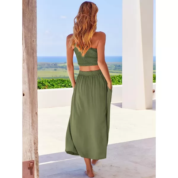 imageANRABESS Womens 2 Pieces Outfits One Shoulder Smocked Crop Top amp High Waist Long Skirt Dress Set with PocketsOlive
