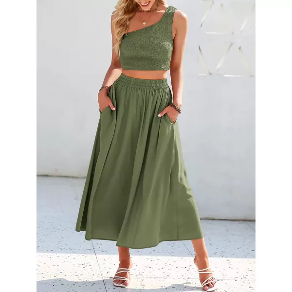 imageANRABESS Womens 2 Pieces Outfits One Shoulder Smocked Crop Top amp High Waist Long Skirt Dress Set with PocketsOlive