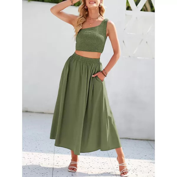 imageANRABESS Womens 2 Pieces Outfits One Shoulder Smocked Crop Top amp High Waist Long Skirt Dress Set with PocketsOlive