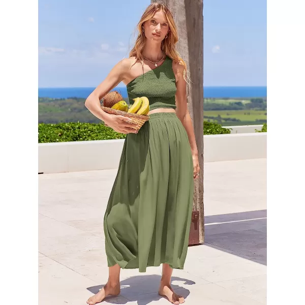 imageANRABESS Womens 2 Pieces Outfits One Shoulder Smocked Crop Top amp High Waist Long Skirt Dress Set with PocketsOlive