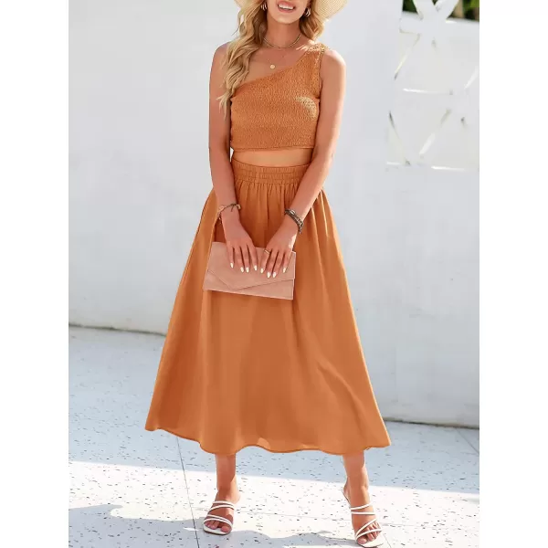 imageANRABESS Womens 2 Pieces Outfits One Shoulder Smocked Crop Top amp High Waist Long Skirt Dress Set with PocketsOrange