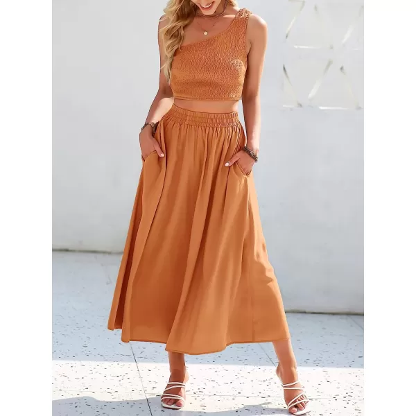 imageANRABESS Womens 2 Pieces Outfits One Shoulder Smocked Crop Top amp High Waist Long Skirt Dress Set with PocketsOrange