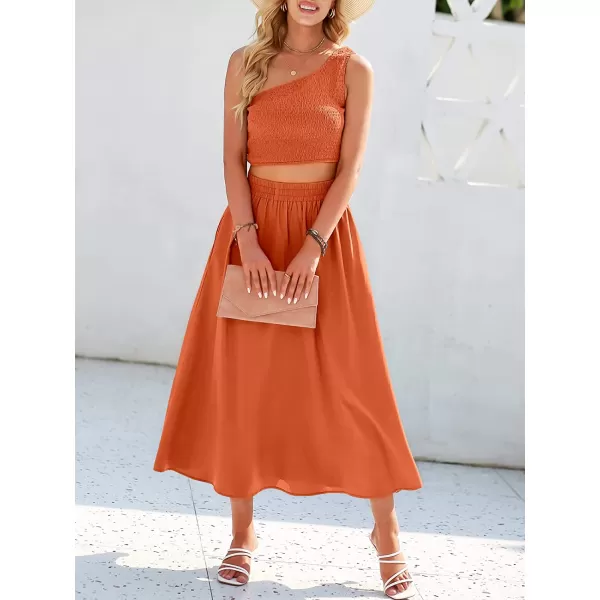 imageANRABESS Womens 2 Pieces Outfits One Shoulder Smocked Crop Top amp High Waist Long Skirt Dress Set with PocketsOrange Red