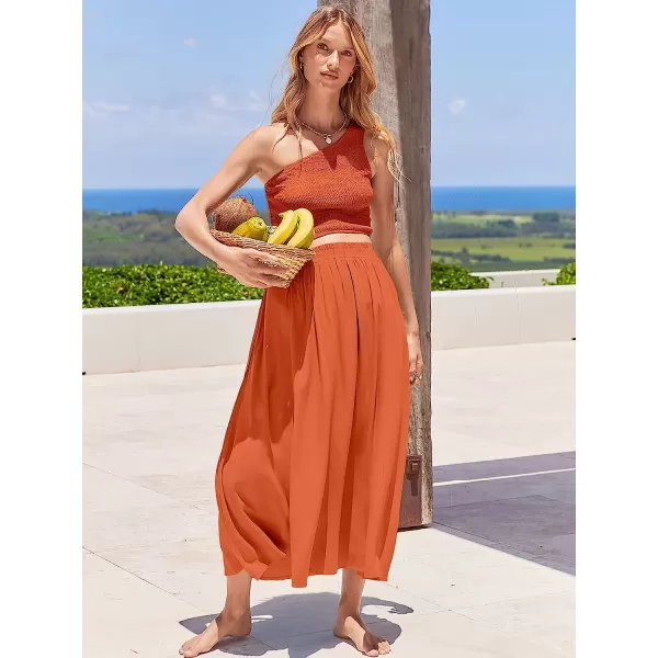 imageANRABESS Womens 2 Pieces Outfits One Shoulder Smocked Crop Top amp High Waist Long Skirt Dress Set with PocketsOrange Red