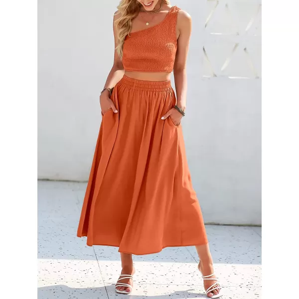 imageANRABESS Womens 2 Pieces Outfits One Shoulder Smocked Crop Top amp High Waist Long Skirt Dress Set with PocketsOrange Red