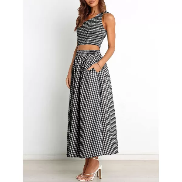 imageANRABESS Womens 2 Pieces Outfits One Shoulder Smocked Crop Top amp High Waist Long Skirt Dress Set with PocketsPlaid Black