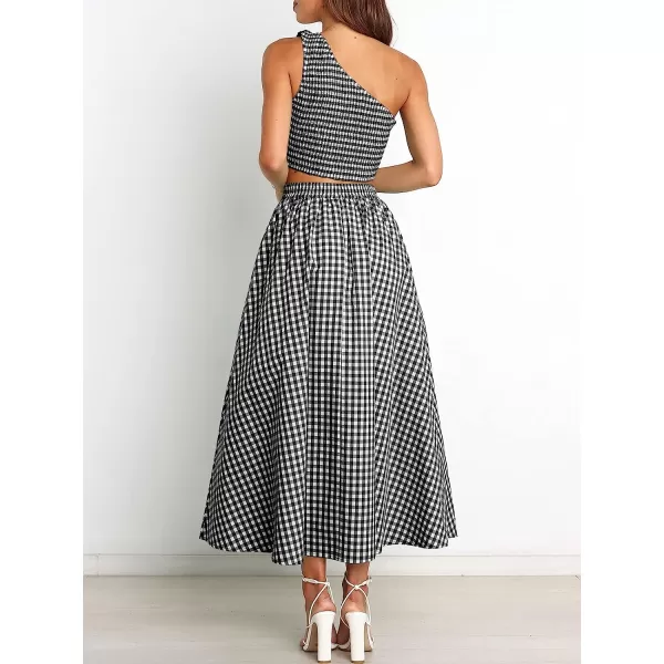 imageANRABESS Womens 2 Pieces Outfits One Shoulder Smocked Crop Top amp High Waist Long Skirt Dress Set with PocketsPlaid Black