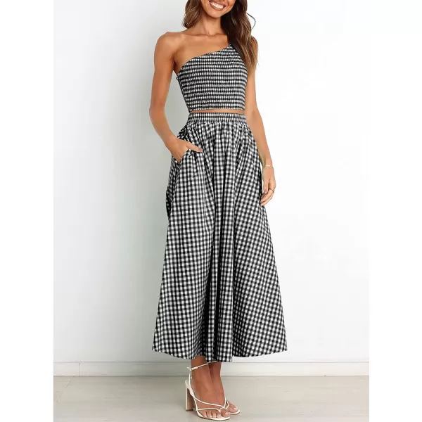 imageANRABESS Womens 2 Pieces Outfits One Shoulder Smocked Crop Top amp High Waist Long Skirt Dress Set with PocketsPlaid Black