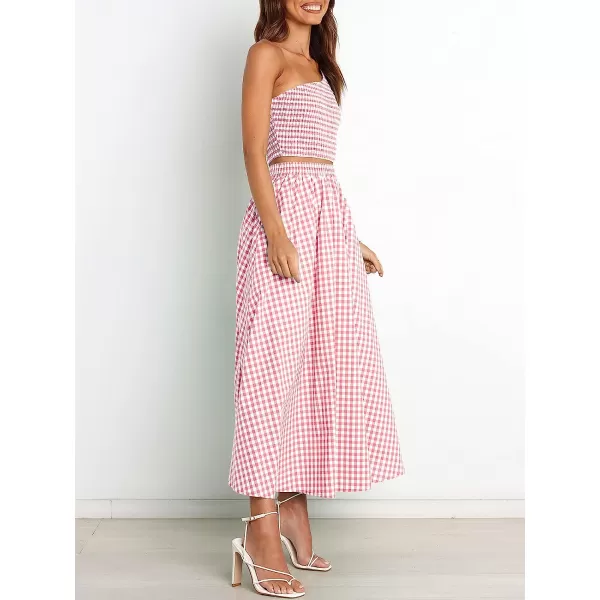 imageANRABESS Womens 2 Pieces Outfits One Shoulder Smocked Crop Top amp High Waist Long Skirt Dress Set with PocketsPlaid Pink