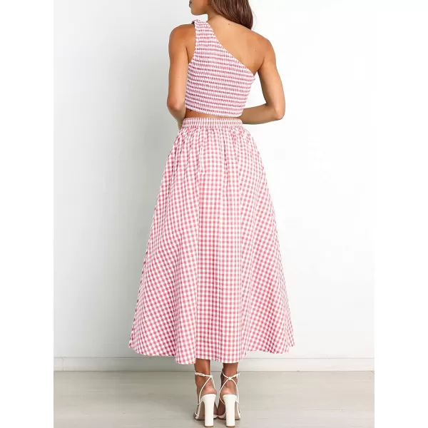 imageANRABESS Womens 2 Pieces Outfits One Shoulder Smocked Crop Top amp High Waist Long Skirt Dress Set with PocketsPlaid Pink