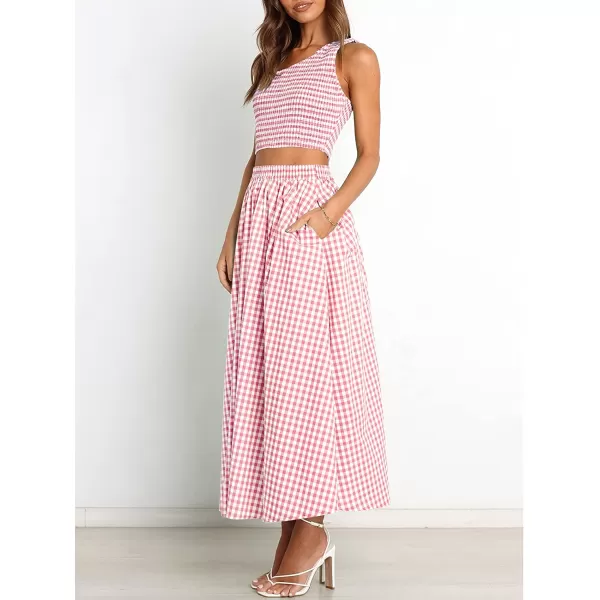 imageANRABESS Womens 2 Pieces Outfits One Shoulder Smocked Crop Top amp High Waist Long Skirt Dress Set with PocketsPlaid Pink